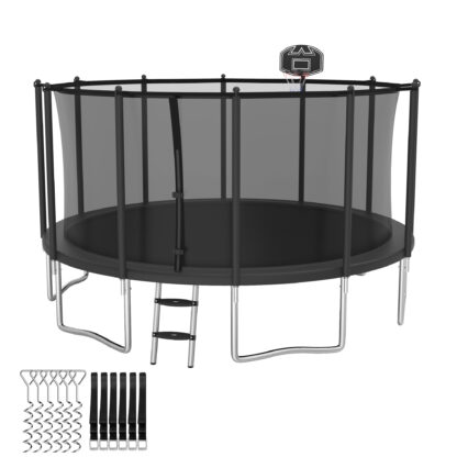 Elitezip Trampolines 14FT 15FT 16FT, Trampolines for 4-6 Kids/1-2 Adults, 1400LBS Outdoor Trampolines with Enclosure Net, Basketball Hoop, Ladder, Heavy Duty Recreational Trampoline, Fast Assembly