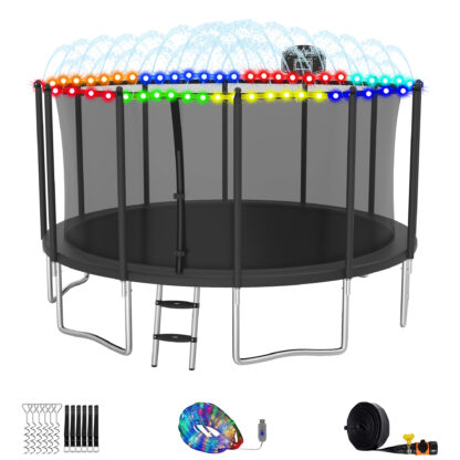 Elitezip Trampolines with Basketball Hoop, 15FT Trampoline for Kids and Adults, Outdoor Trampoline with Safety Enclosure Net, Lights, Sprinkler, 1500LBS Heavy Duty Recreational Backyard Trampoline