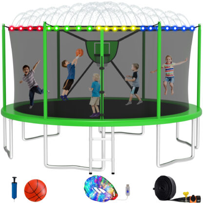 Elitezip Trampoline with Enclosure Net, 10FT 12FT 14FT 16FT Trampoline Outdoor for 5-6 Kids, 1500LBS Trampolines with Basketball Hoop, Light, Sprinkler, Backyard Trampolines for Adults, No Gap Design