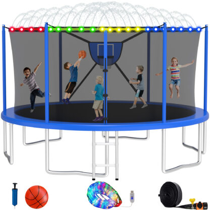 Elitezip Trampoline with Enclosure Net, 10FT 12FT 14FT 16FT Trampoline Outdoor for 5-6 Kids, 1500LBS Trampolines with Basketball Hoop, Light, Sprinkler, Backyard Trampolines for Adults, No Gap Design