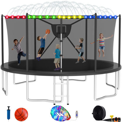 Elitezip Trampoline with Enclosure Net, 10FT 12FT 14FT 16FT Trampoline Outdoor for 2-3 Kids, 1000LBS Trampolines with Basketball Hoop, Light, Sprinkler, Backyard Trampolines for Adults, No Gap Design